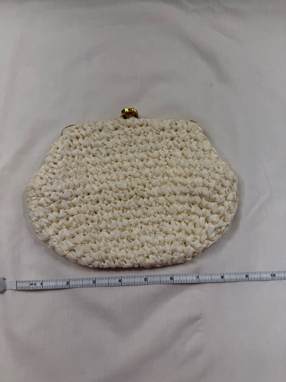 Handwoven Cream Crochet Ribbon Clutch with Gold-Tone Closure